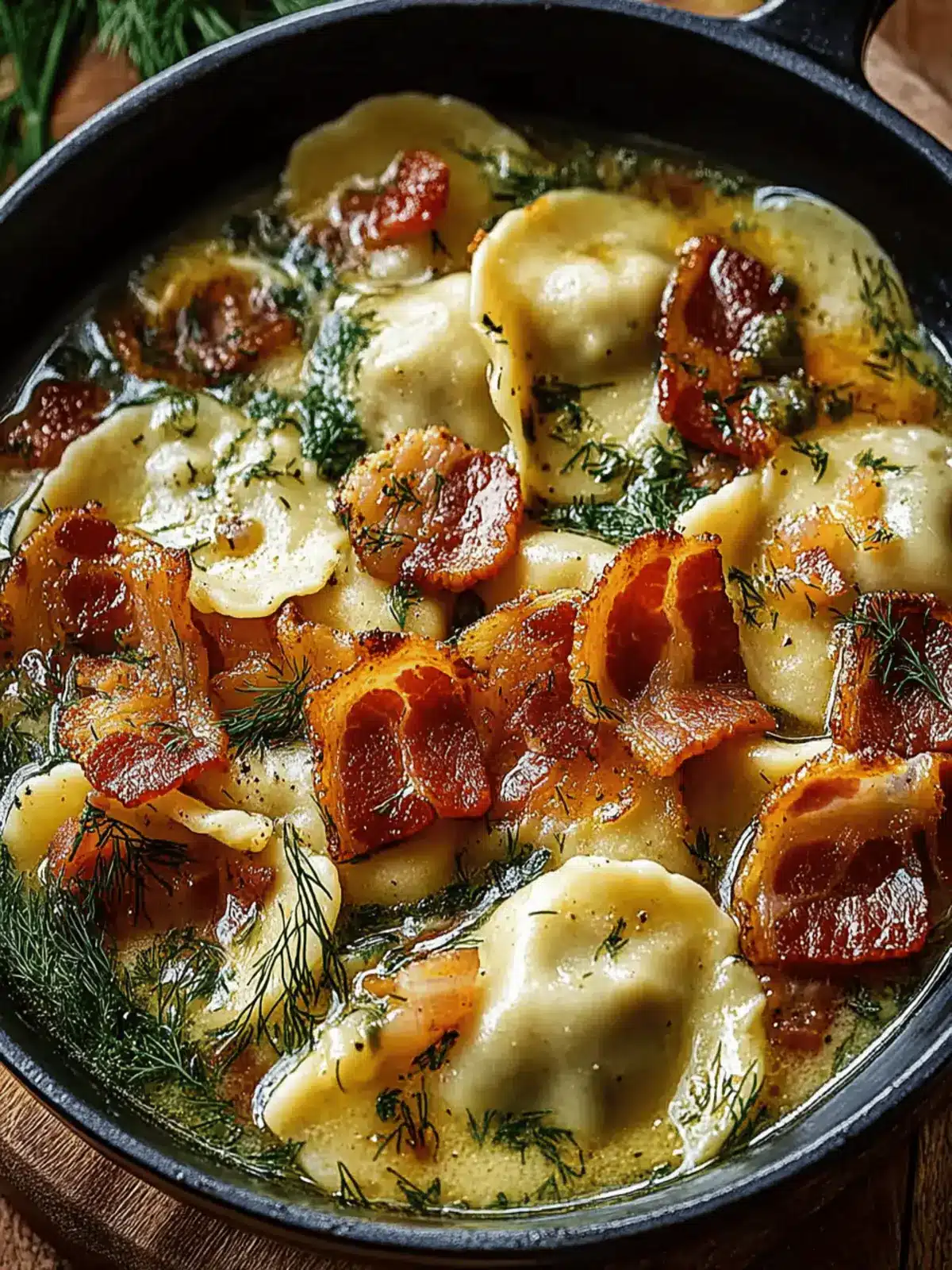 Comforting Smoky Pierogi Soup with Bacon, Chicken Sausage & Dill Oil 3 Smoky Pierogi Soup with Bacon, Chicken Sausage & Dill Oil