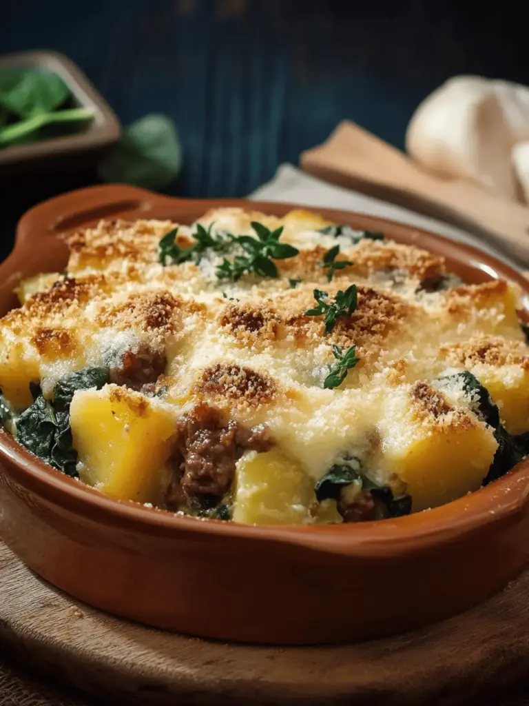 Cheesy Beef & Potato Spinach Casserole