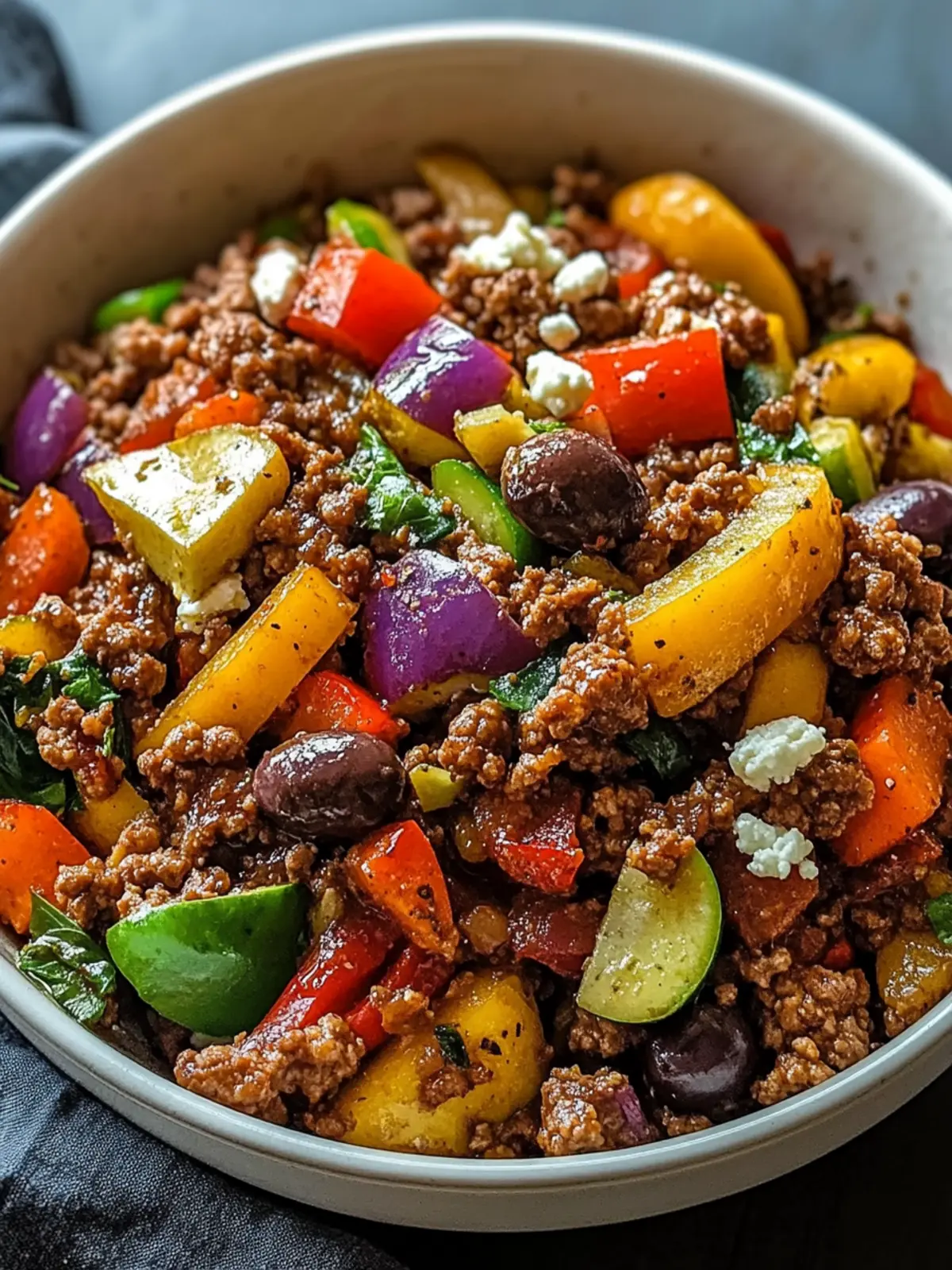 Mediterranean Ground Beef Stir-fry with Olives & Feta