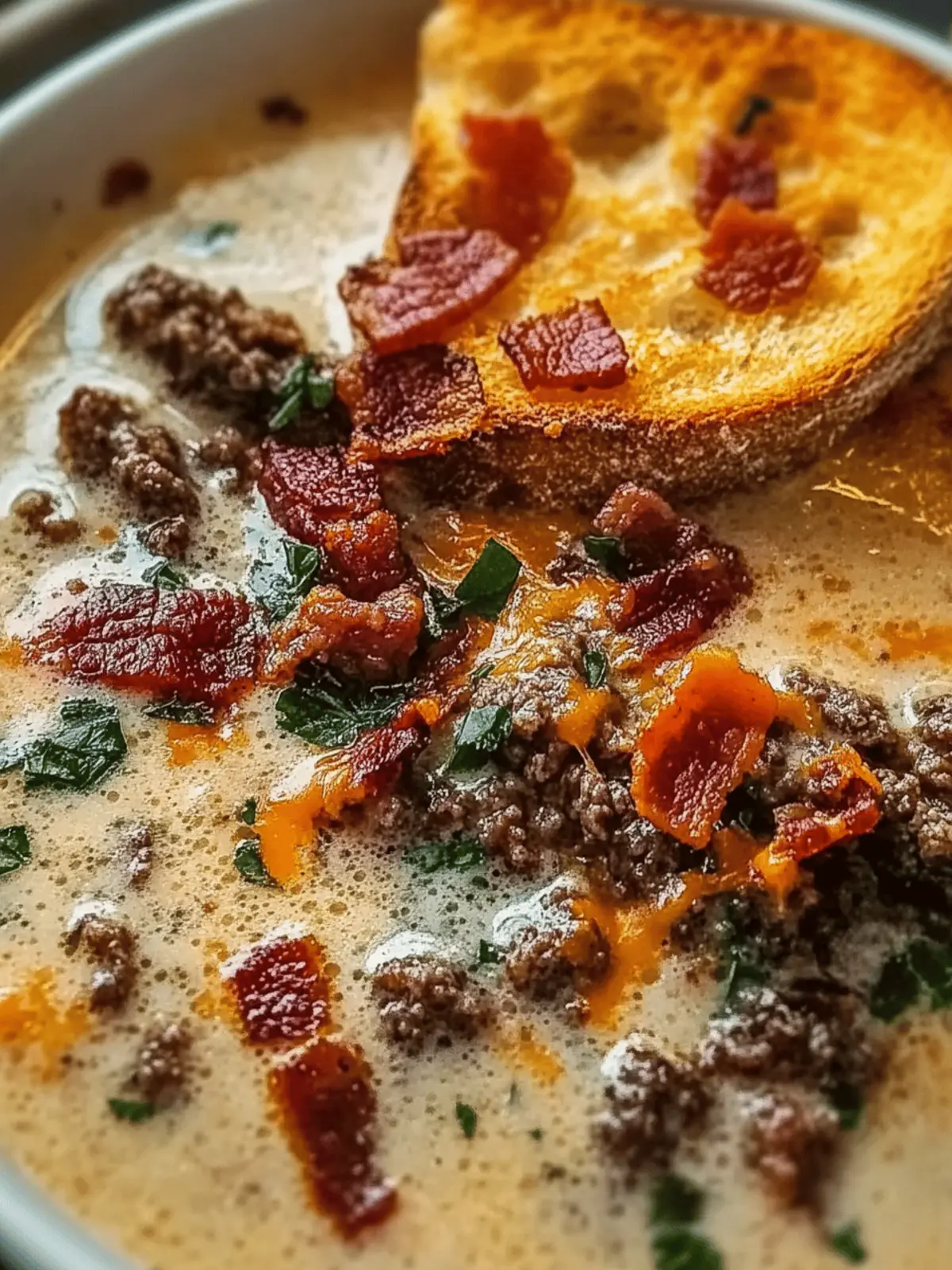 one-pot Philly cheesesteak soup with bacon and cheesy toast