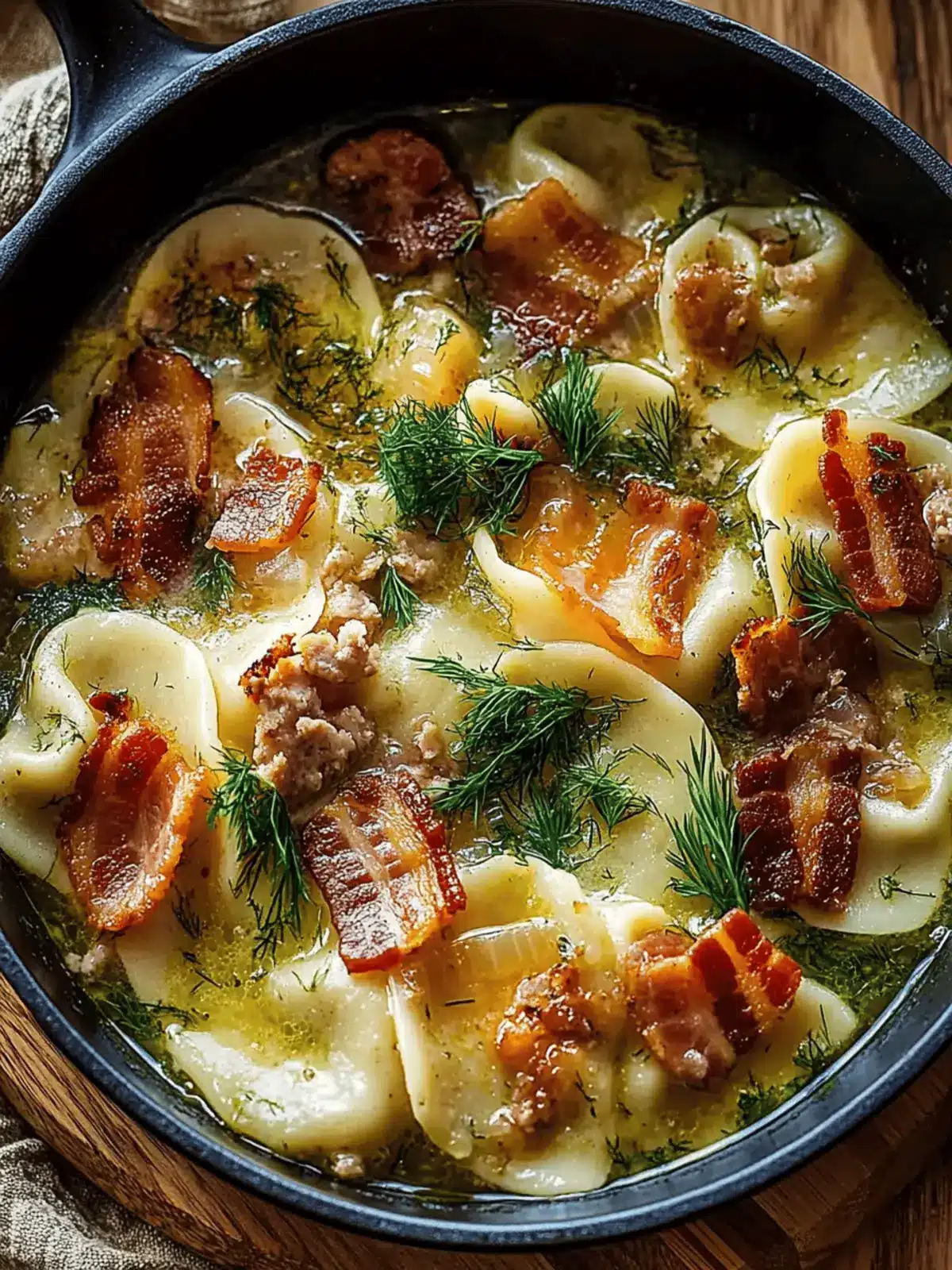 Comforting Smoky Pierogi Soup with Bacon, Chicken Sausage & Dill Oil 4 Smoky Pierogi Soup with Bacon, Chicken Sausage & Dill Oil