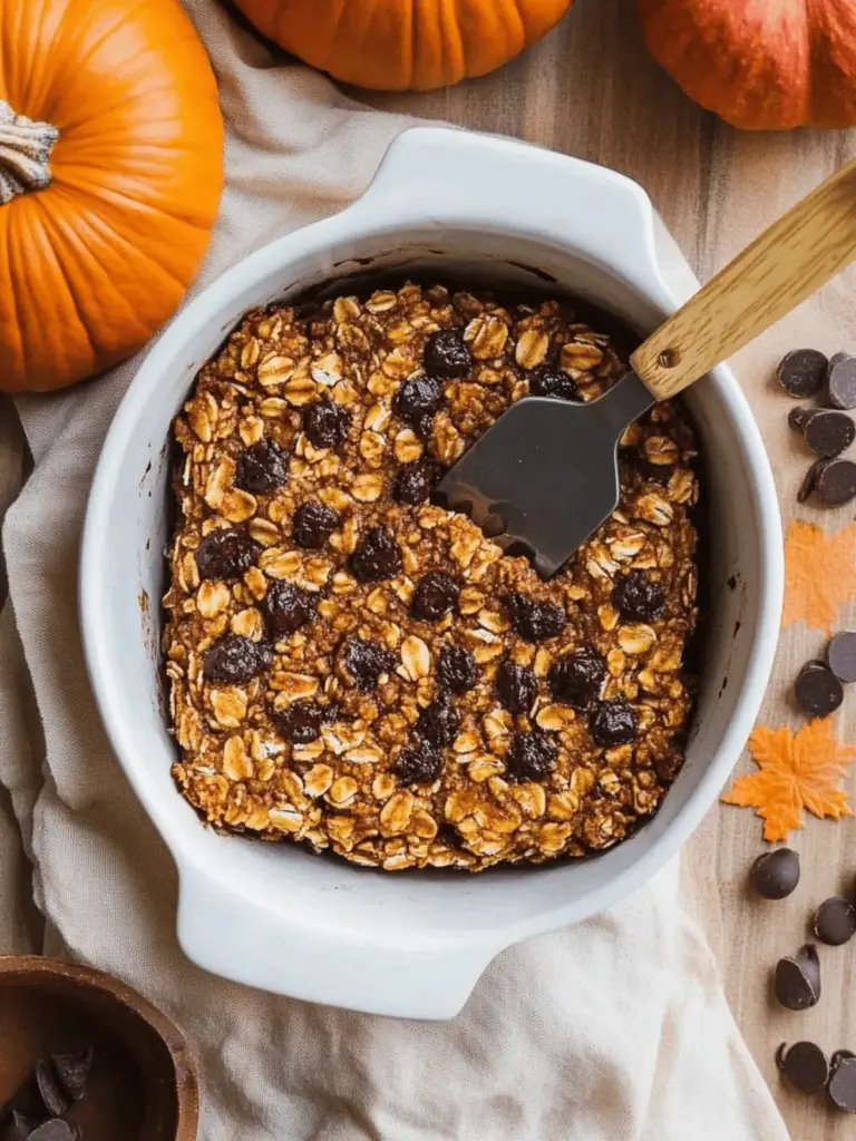 Higher Protein Pumpkin Baked Oatmeal with Chocolate Chips