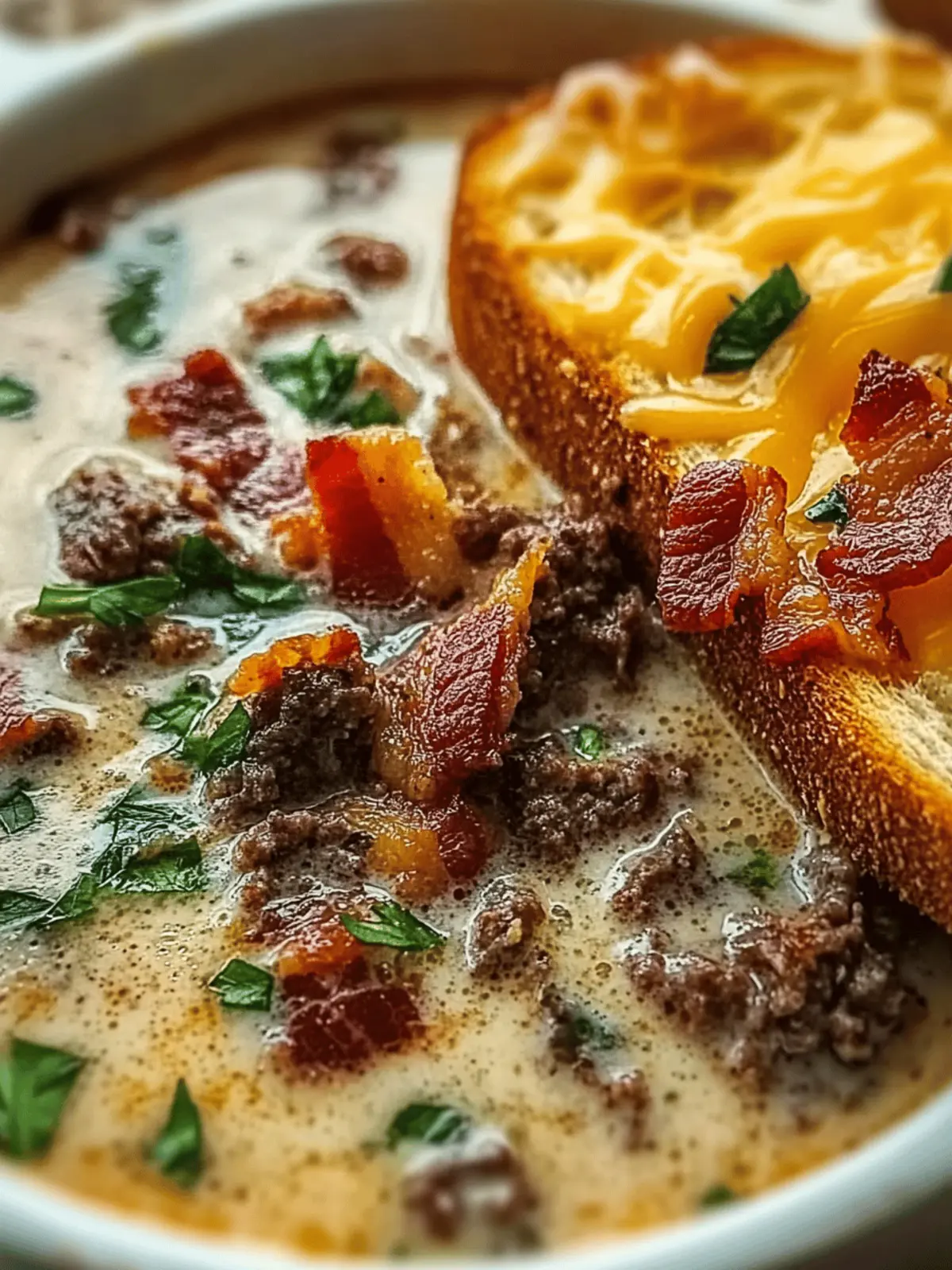 one-pot Philly cheesesteak soup with bacon and cheesy toast