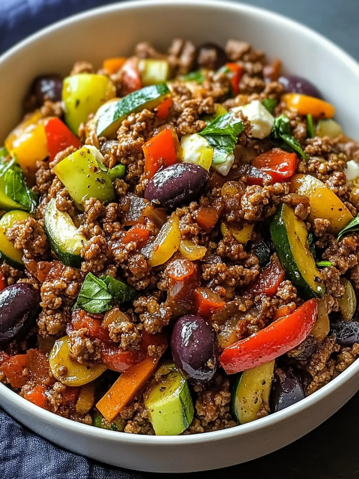 Mediterranean Ground Beef Stir-fry with Olives & Feta