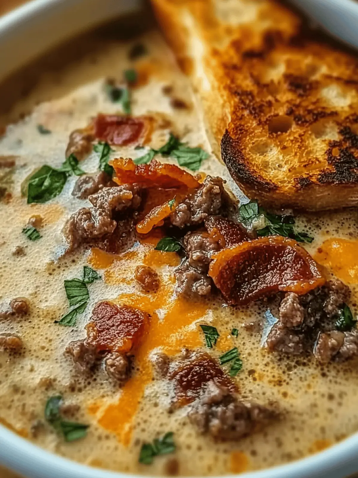 one-pot Philly cheesesteak soup with bacon and cheesy toast