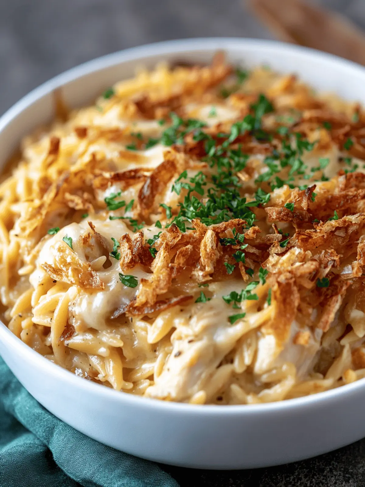 French Onion Chicken Orzo Casserole