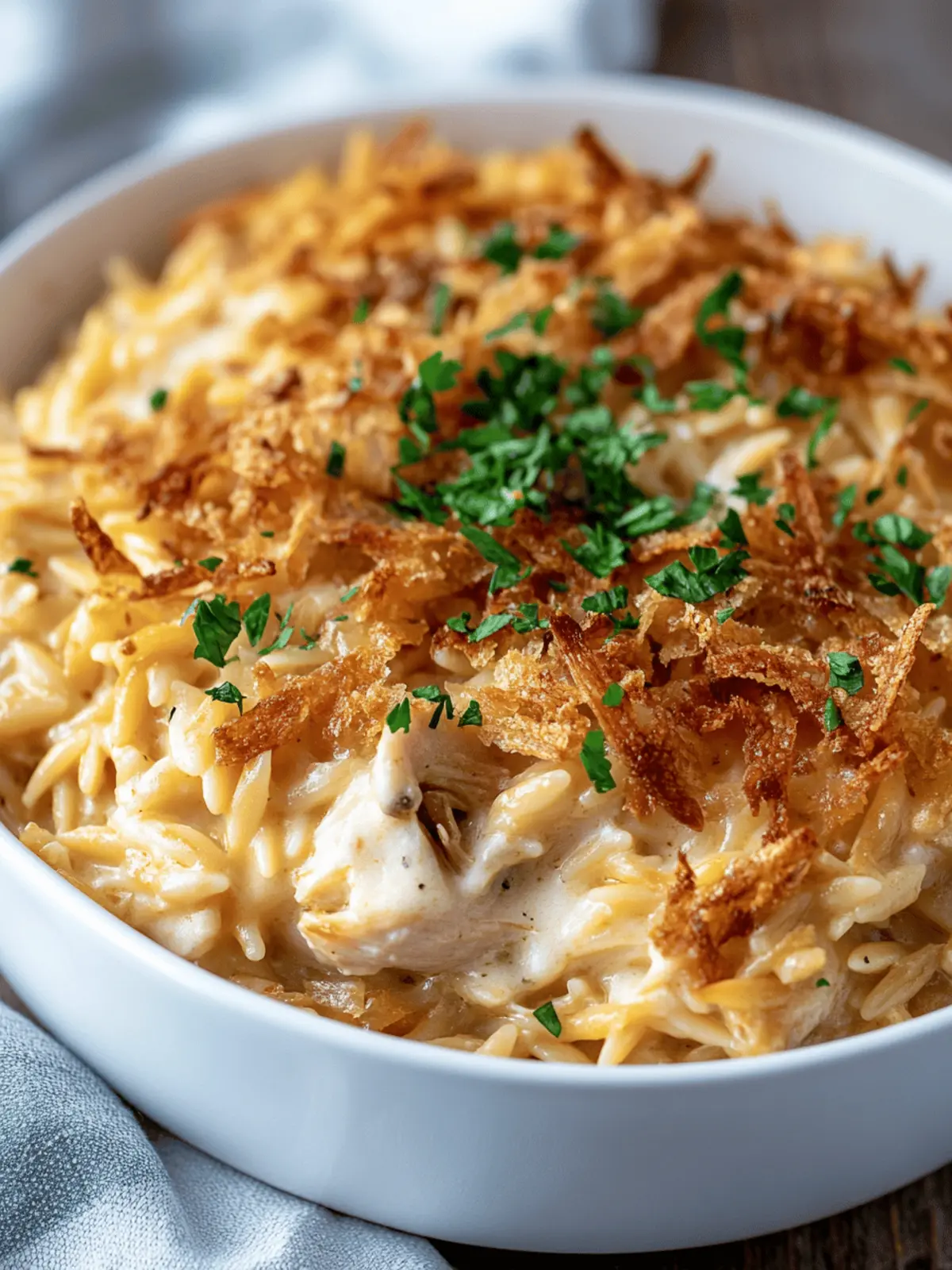 French Onion Chicken Orzo Casserole