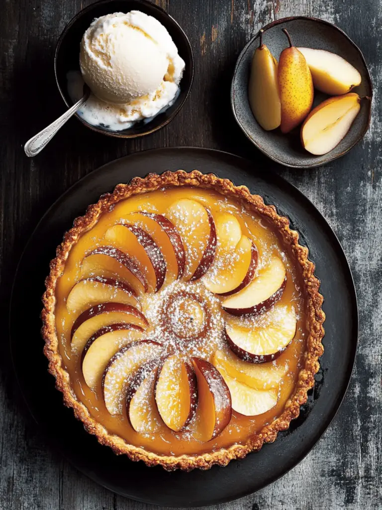 Quince and pear tart with sweet cream ice cream